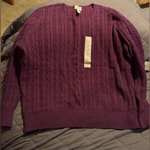 Ladies Cable Sweater. Darker burgundy color.
